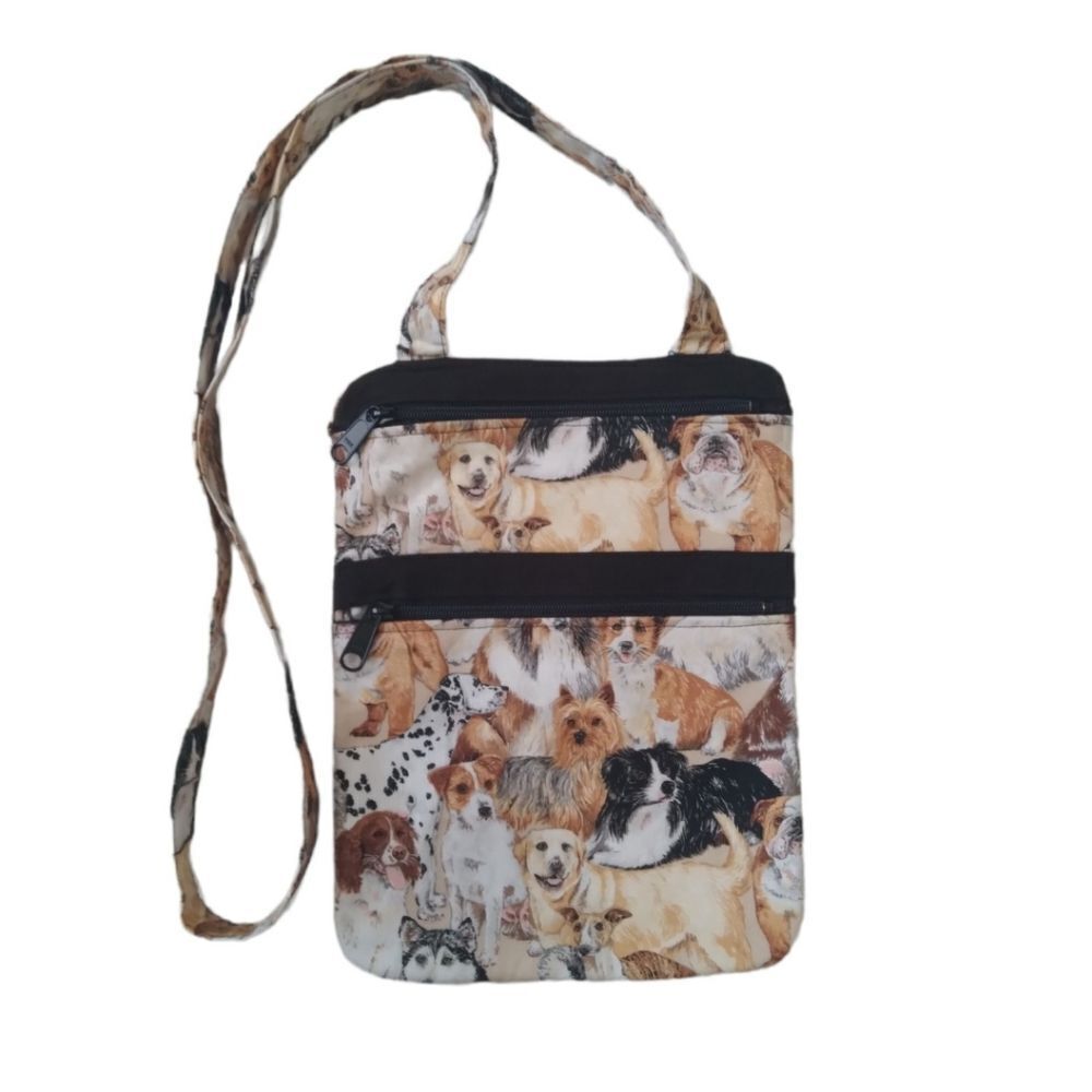 All Over Multi Breed Dog Print Pattern Small Zippered Crossbody Shoulder Bag
